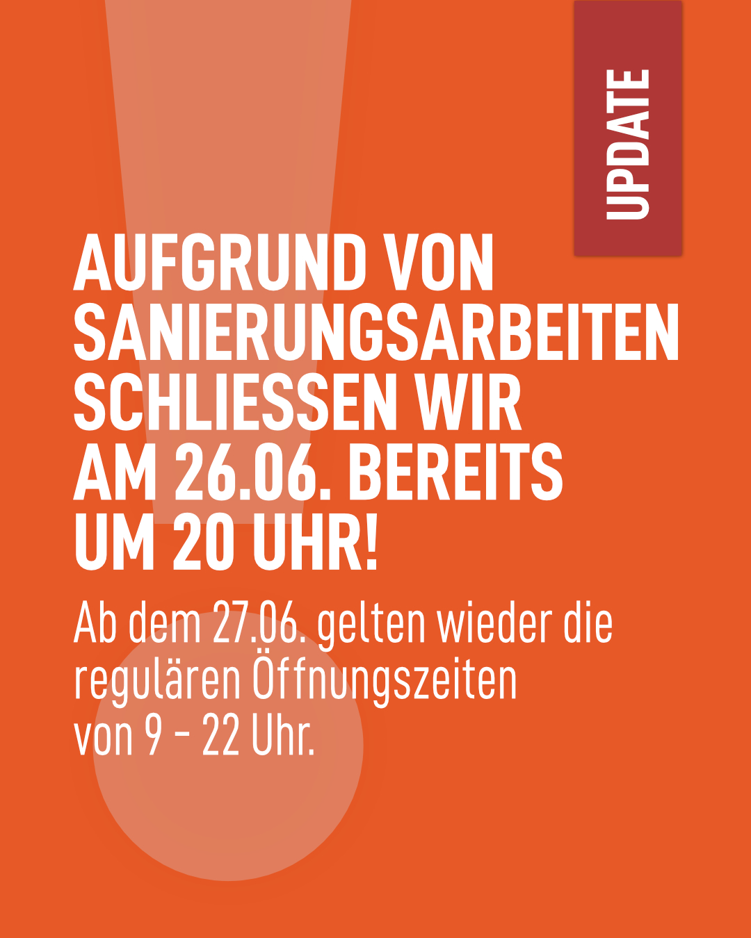 Caprima Plakat 26.06 Schließung V03 Aufgrund von Sanierungsarbeiten schliesse wir am 26.06.2025 bereits um 20 Uhr! Ab dem 27.06 gelten wieder die regulären Öffnugszeiten von 9 - 22 Uhr.